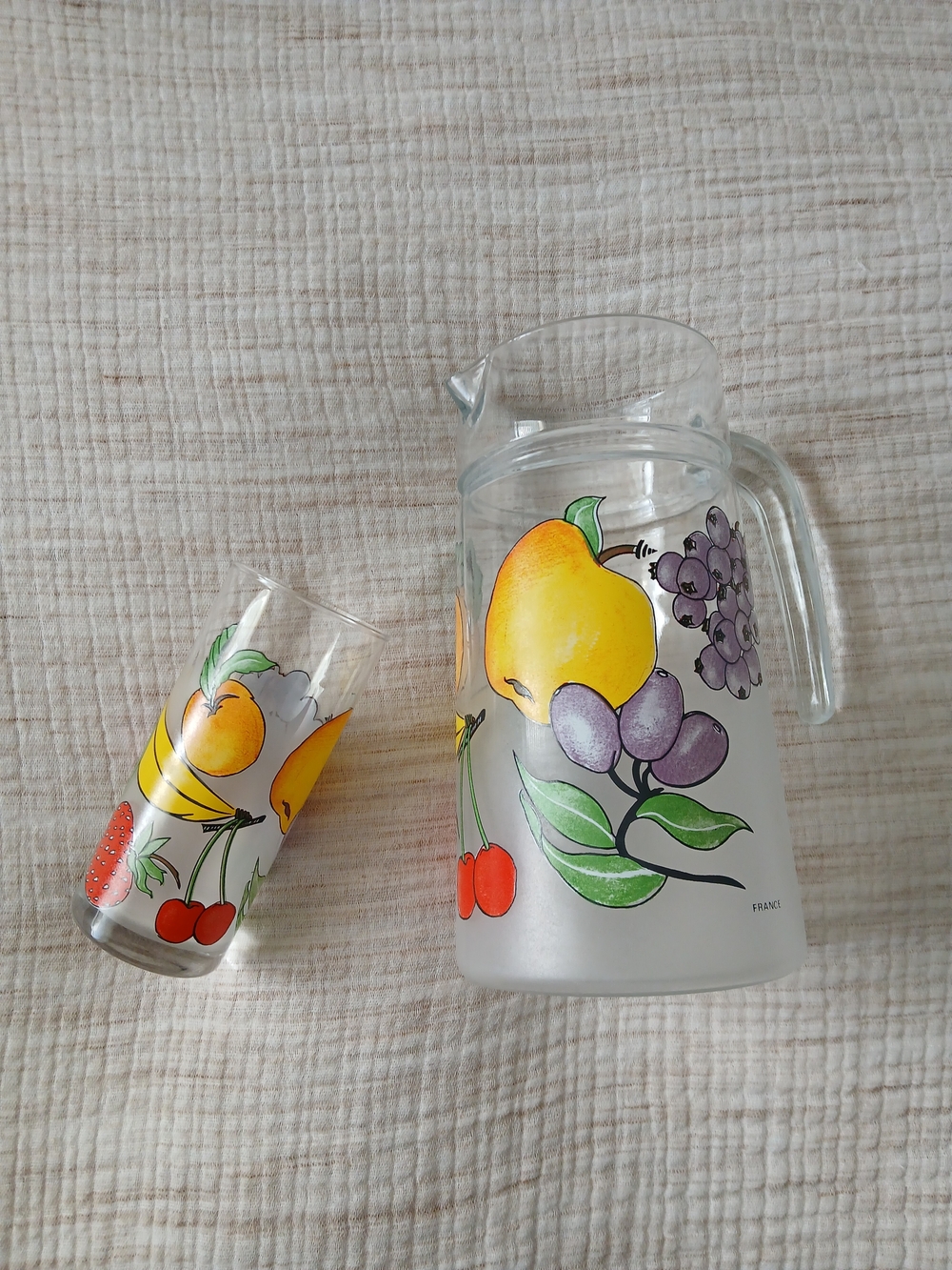 Vintage Fruit Glass Pitcher and Tumbler Set - Yellow & Purple Fruit Design